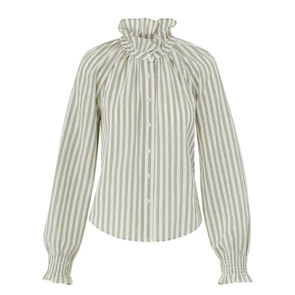 Veronica Beard Calisto Seersucker Striped Shirt Dark Sage & White - Picture 1 of 7